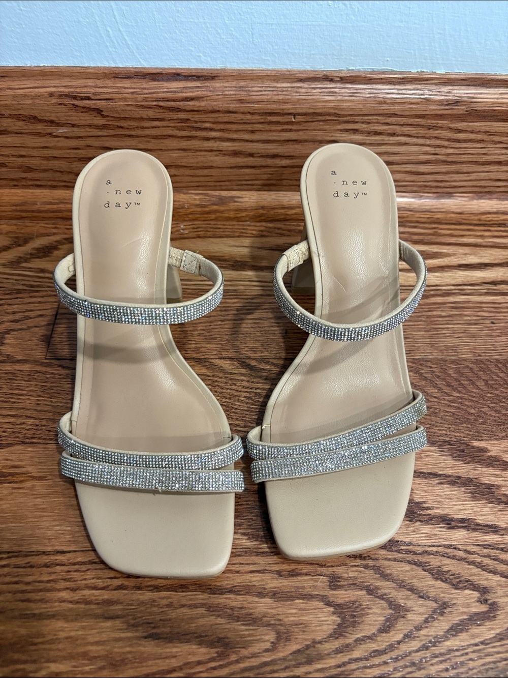 a new day Beige Rhinestone Triple-Strap Heeled Slides